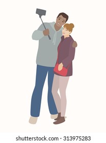 Vector illustration of a young couple making selfie with selfie stick.