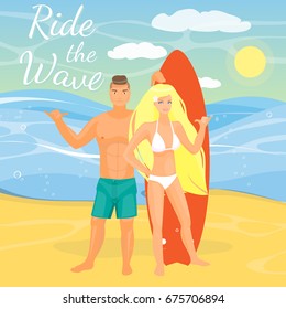 Vector illustration of young couple man and woman standing on seashore and showing shaka hawaiian hand sign gesture. Ride the wave lettering, seascape. Surfing couple flat style design element.