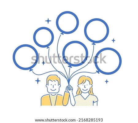 Vector illustration of young couple with many balloons (design space inside balloons)