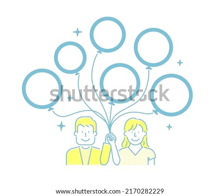 Vector illustration of young couple with many balloons (design space inside balloons)