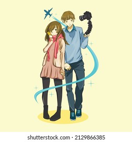 Vector illustration of a young couple on tour