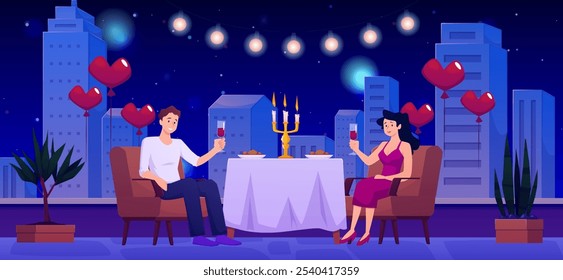 Ilustração vetorial de um jovem casal em um terraço no último piso com copos de vinho, velas. A paisagem urbana com arquitetura moderna cria uma atmosfera romântica.
