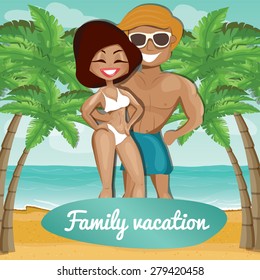 Vector illustration young couple on the beach