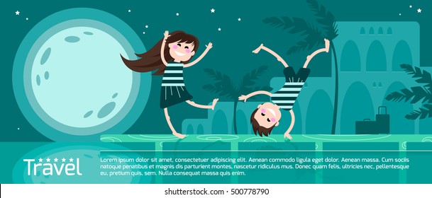 
Vector illustration of a young couple on vacation. Hotel at night