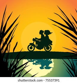 Vector illustration, young couple on motorcycle, card concept.