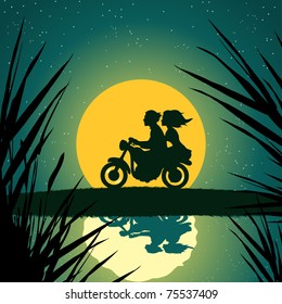 Vector illustration, young couple on motorcycle, card concept.