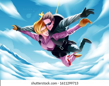 Vector illustration of a young couple parachuting together, in which the girl stares at her lover or her husband with the love and trust that is given to only him.