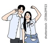 Vector illustration of a young couple posing in school uniforms. The illustration is inspired by a famous Korean drama scene.