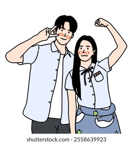 Vector illustration of a young couple posing in school uniforms. The illustration is inspired by a famous Korean drama scene.