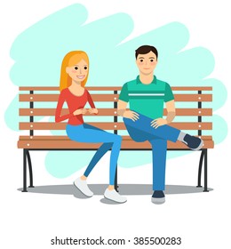 Vector illustration of young couple sitting on a bench and talking. Rest and outdoor quiet time.