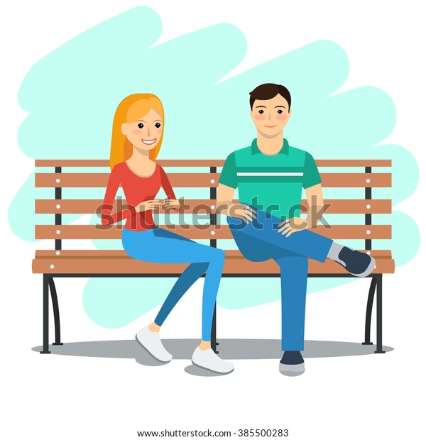 ベンチに座って話している若い夫婦のベクターイラスト 静かに休んで外で のベクター画像素材 ロイヤリティフリー