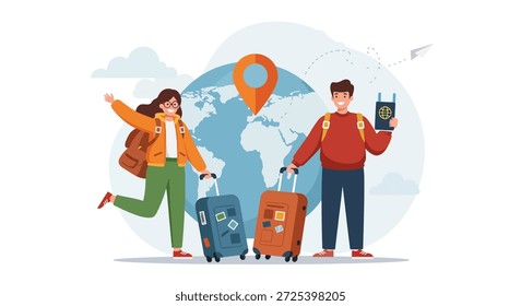 Vektorgrafik eines jungen Paares mit Koffern und Rucksäcken, die bereit sind für ihren internationalen Urlaub und ihre Weltreise.