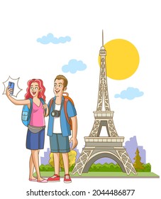 vector illustration of young couple taking selfie at eiffel tower
