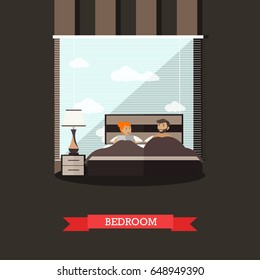 Vector illustration of young couple taking rest in bed. Domestic bedroom interior. Flat style design.