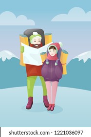 Vector illustration young couple with travel bag and map on winter mountains background. Traveling concept, man and woman in cartoon flat style.