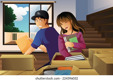 A vector illustration of young couple unpacking boxes after moving to a new house - Powered by Shutterstock - Get 15% off with code: PIKWIZARD15
