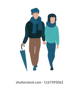 Vector illustration of young couple walking with close umbrella in flat style isolated on white background - loving male and female characters in autumn clothes holding hands.