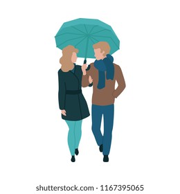 Vector illustration of young couple walking under umbrella in flat style isolated on white background - loving male and female characters in autumn clothes holding parasol.