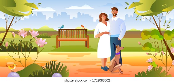 Ilustración vectorial con una pareja joven caminando su mascota en el parque. Concepto de verano al aire libre con personajes femeninos y masculinos, perros, arbustos, bancos, árboles. Banner romántico con paisaje urbano	