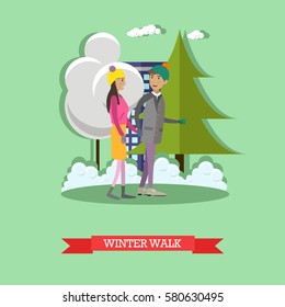Vector illustration of young couple walking in the street. Girl and boy holding hands. Winter cityscape, snowy street, trees. Winter people activities concept design elements in flat style.