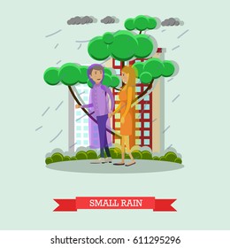 Vector illustration of young couple walking in the rain in raincoats. Small rain flat style design.