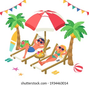 Vector illustration of a young couple who came to the beach in the summer (isometric)