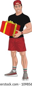 Vector illustration, young courier with box, gift, on white background