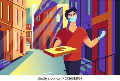 
Vector illustration of a young courier guy. Pizza delivery. Safe service. Quarantine.