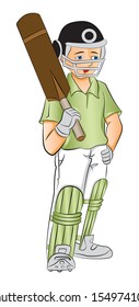 Vector Illustration Of Young Cricket Batsman Holding A Bat, Hand On Hip.