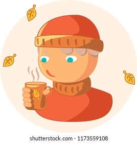 Vector illustration of young cute boy in warm red hat and sweater holding a cup of hot coffee and looking on it. Autumn gold leaves fall near. Flat cartoon.