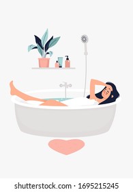 Vector illustration of young cute brunette woman taking a bath by a potted plant on the shelf with shampoos.