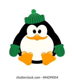 Vector illustration of a young cute penguin in a knitted cap and mittens sitting on the ice. Isolate. Winter sitting Baby Penguin