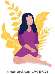 Vector illustration of a young cute woman or girl in a purple dress isolated on a white background. Character in trendy flat style