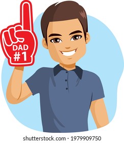 Vector Illustration Of Young Dad Wearing Giant Red Finger Foam Glove With Dad Number One Text