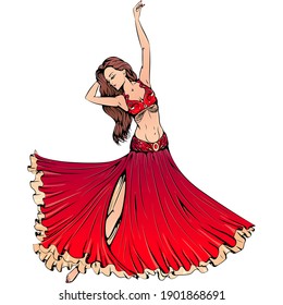 Vector Illustration Of Young Dancer Dancing Belly Dance Isolated On White Background. Oriental Dancer Character. Dance Icon. Classical Oriental Belly-dance Art For Dance Studio, Shop.