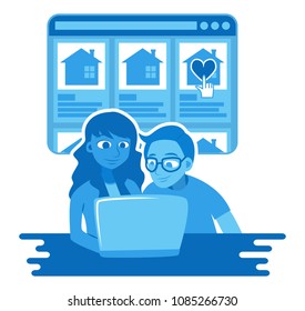 Vector illustration of young diverse couple hunting for a starter home on the internet, looking at listings, looking at homes for sale. Easy to customize.