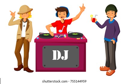 vector illustration of Young DJ mixing music on turntables on the stage of nightclub flat design