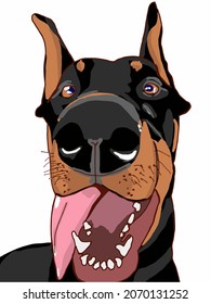 Vector Illustration of Young Doberman sits and looks with kind eyes. Small dog with smile and tongue. Dog illustration. Doberman with shadow. Pet logo on white background. Black-brown puppy  