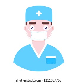 Vector illustration of young doctor in protective medical mask on white background