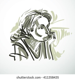 Vector illustration of young elegant female, art image. Black and white portrait of attractive lady, face features and personality emotions.