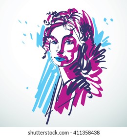 Ilustración vectorial de la joven y elegante mujer, imagen artística. Retrato colorido de una dama atractiva, características de la cara y emociones de personalidad.