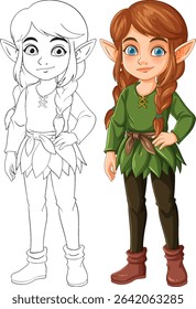 Vector illustration of a young elf with braided hair, wearing green attire. Includes both colored and outline versions
