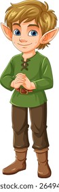 Ilustração vetorial de um jovem elfo com orelhas pontudas, vestindo uma túnica verde. Cores brilhantes e design de caracteres detalhado