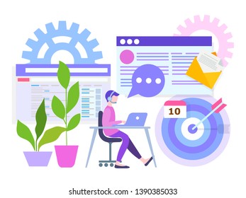 Vector illustration, the young employee behind a desk with a laptop on a white background, express services for processing documents, target and sites as symbols of successful optimization.