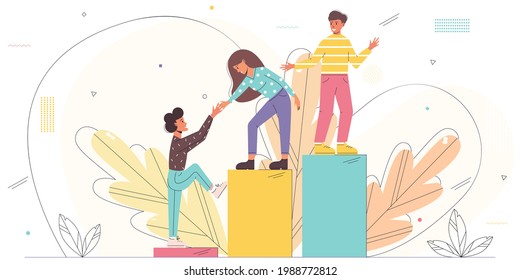 Vector illustration with young employees helping each other to climb the stairs. Teamwork, teambuilding and partnership concept. Modern flat vector illustration. EPS 10