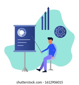 Vector illustration of young entrepreneurial character from someone sitting next to a business graphic.
setting up a start-up business project. the emergence of a career towards success and happiness