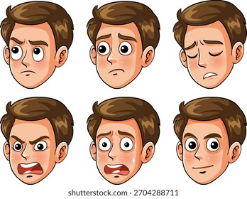 Ilustración vectorial de la cara  joven de Manâs que muestra varias emociones, estilo de dibujos animados, fondo blanco