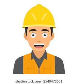 Vector illustration of a young factory worker smiling, wearing a yellow helmet and work uniform, isolated on a white background, avatar design