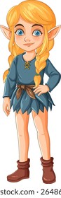 Vector illustration of a young fairy with golden braids, wearing a blue tunic and brown boots, exuding a whimsical charm