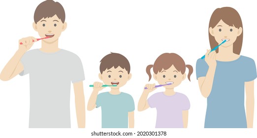 Vektorgrafik der jungen Familie, die Zähne zusammen putzt.